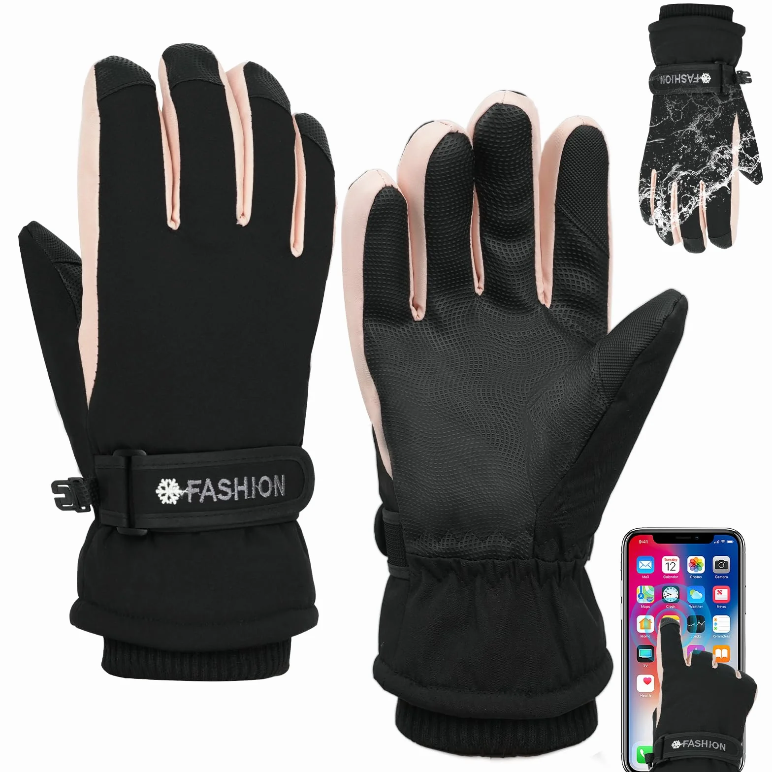 Gants de Ski Femmes, Gant Thermiques Imperméables pour Femme, Gants d'hiver Coupe-Vent Antidérapant, Écran Tactile pour Conduite Randonnée Ski Activités de Plein Air, Cadeaux d'Hiver Femmes