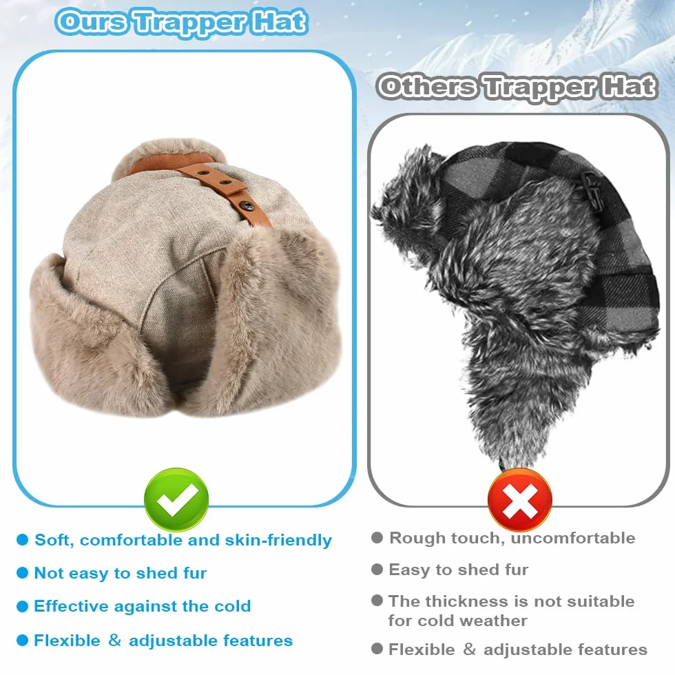 NAROSEBE Chapeau de Trappeur Coupe-Vent, Chapka Fourrure Avec Cache Oreilles, Bonnet Russe, Chaud Anti-Froid Pour Homme, Ski, Cyclisme, Camping, Pêche
