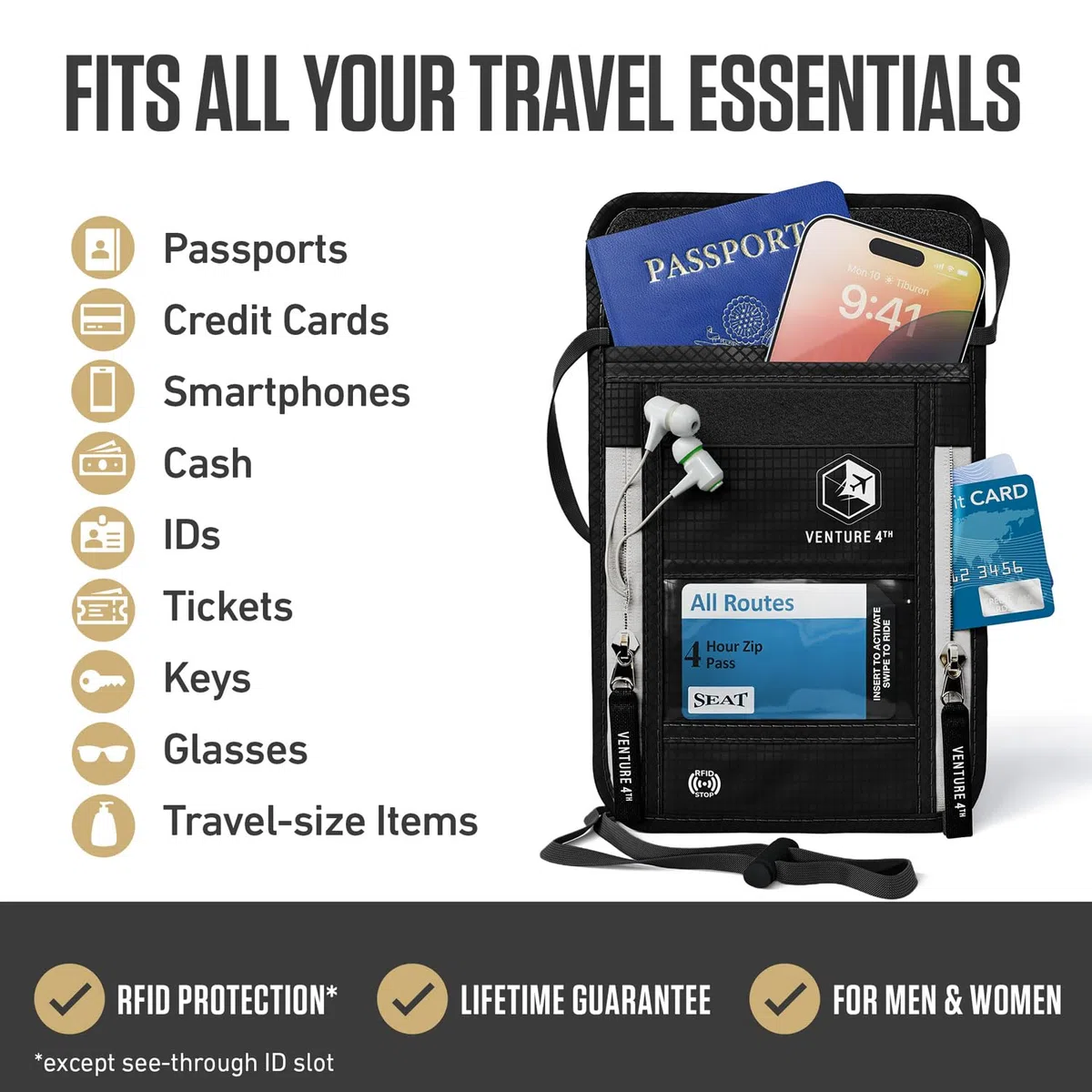 Pochette Tour de Cou Voyage Ceinture et Protection RFID (Black)