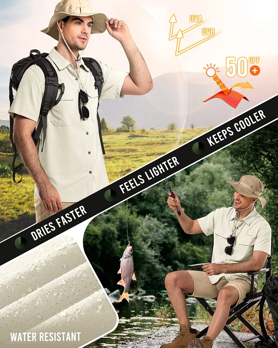 33,000ft Chemise à manches courtes pour homme - Protection UV UPF50+ - Séchage rapide - Pour les loisirs, la randonnée, la pêche, le safari, les voyages, le golf