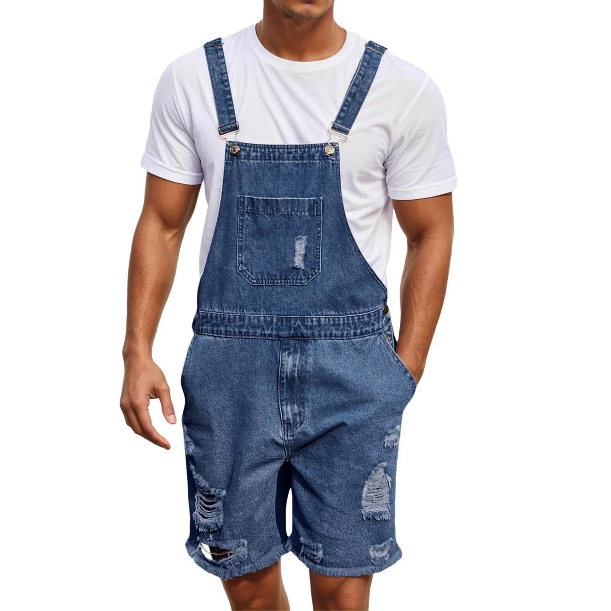 Combinaison courte à bretelles pour homme - Décontractée - Confortable - Légère - Vintage - Salopette élégante avec poches - Trou déchiré - Jean court - Mode classique