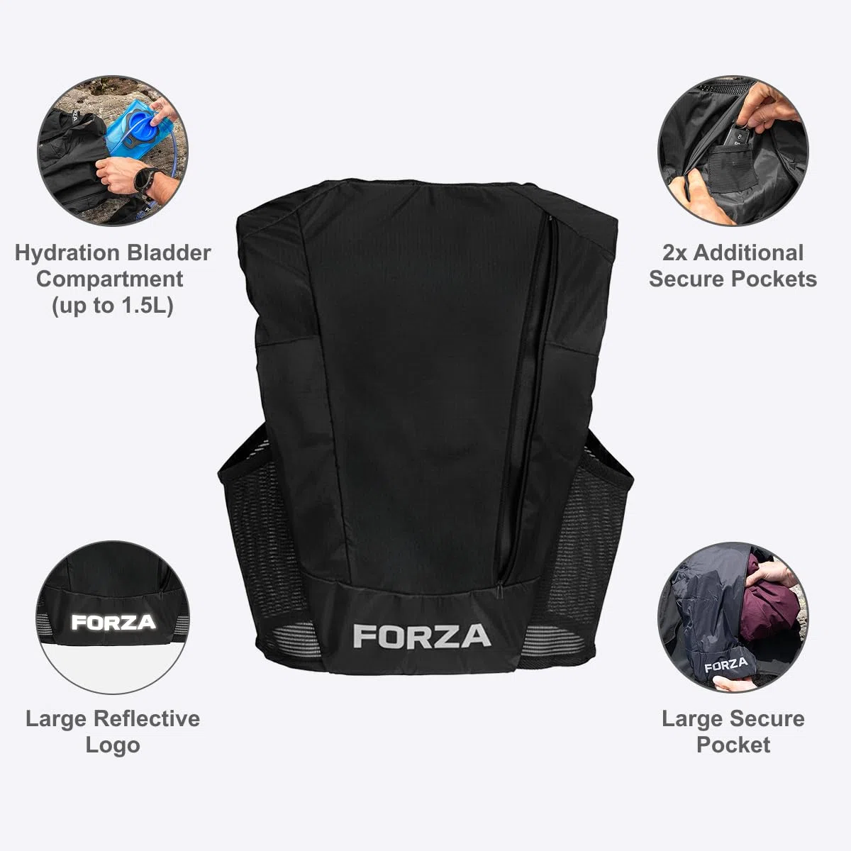 FORZA Gilet de course [3 tailles] | Gilet d'hydratation léger unisexe avec poches avant, ajustement réglable et bordure réfléchissante – Idéal pour le jogging, la marche et la course à pied