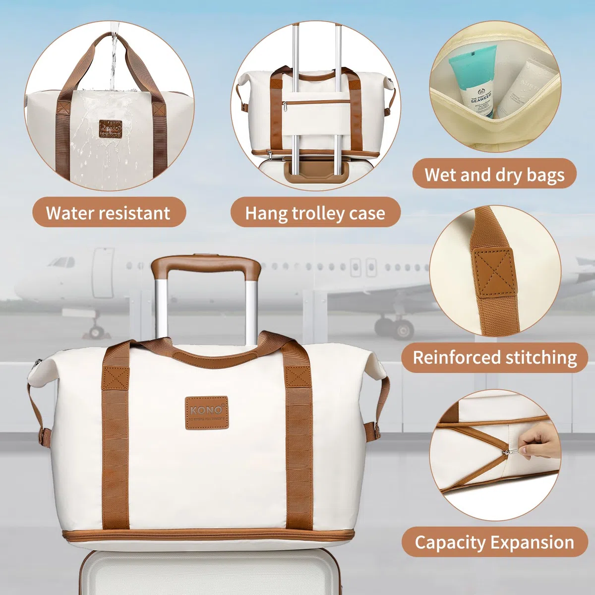 Kono Set de 6 Valises de Voyage Rigide (55/65/74cm) à 4 roulettes, avec Vanity Case, Sac de Voyage Pliable pour Le Sport et Trousse de Maquillage, Blanc Crème