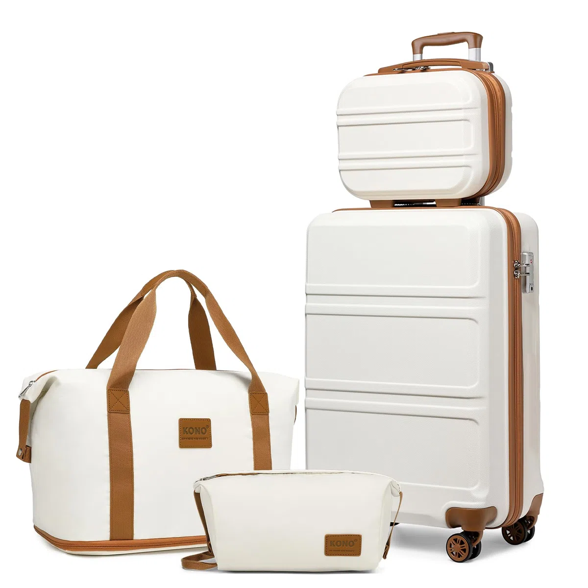 Kono Set de 4 Valises de Voyage Rigide Bagage Cabine 55cm avec Portable Vanity Case et Pliable Sac de Voyage pour Sport avec Trousse de Maquillage, Blanc Crème