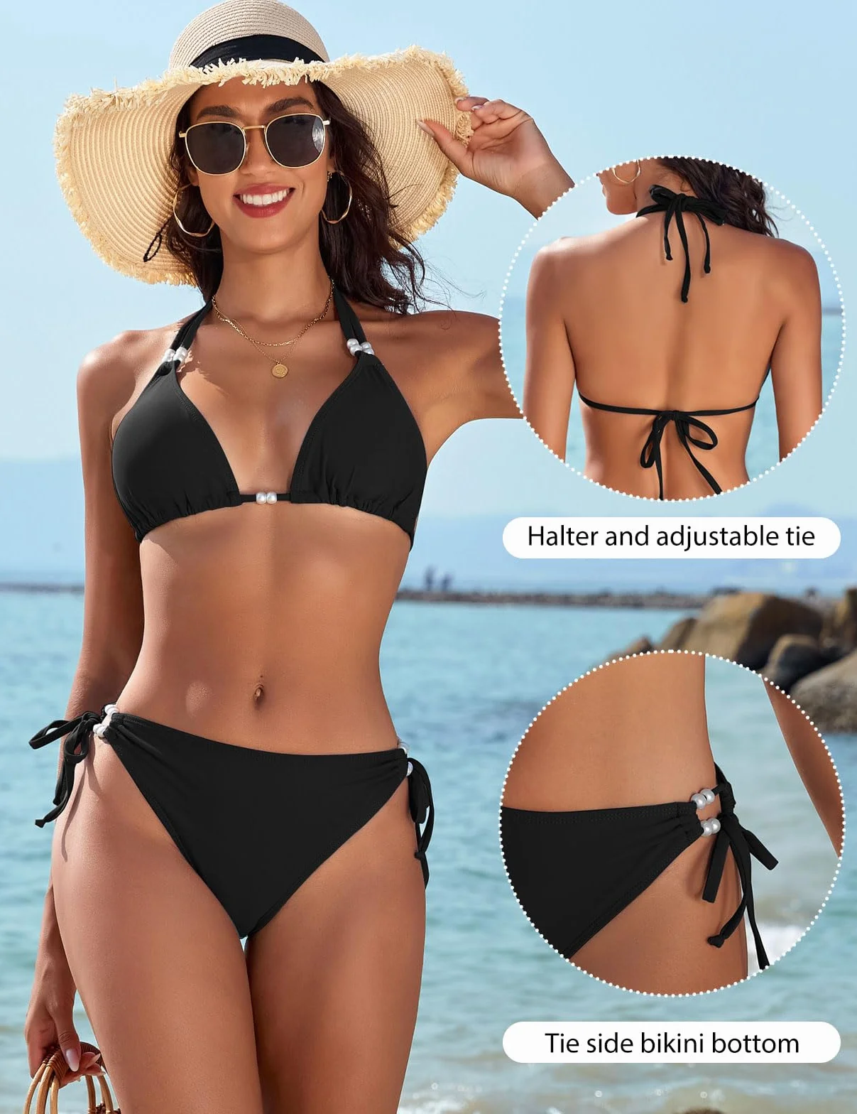 CMTOP Maillot de Bain Femme 2 Pieces Halter Triangle Bikini Bretelles Réglables Taille Haute Maillot de Bain à Cordon Sexy Maillots Deux Pièces de Plage Elégant Ensemble de Bikini