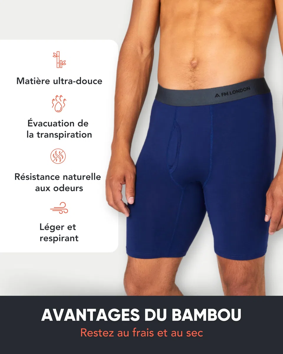FM London Boxer en Bambou pour Homme, Boxer Long pour Homme en Bambou Ultra Doux, Antifrottements et Évacuant la Transpiration, avec Ouverture, Lot de 4