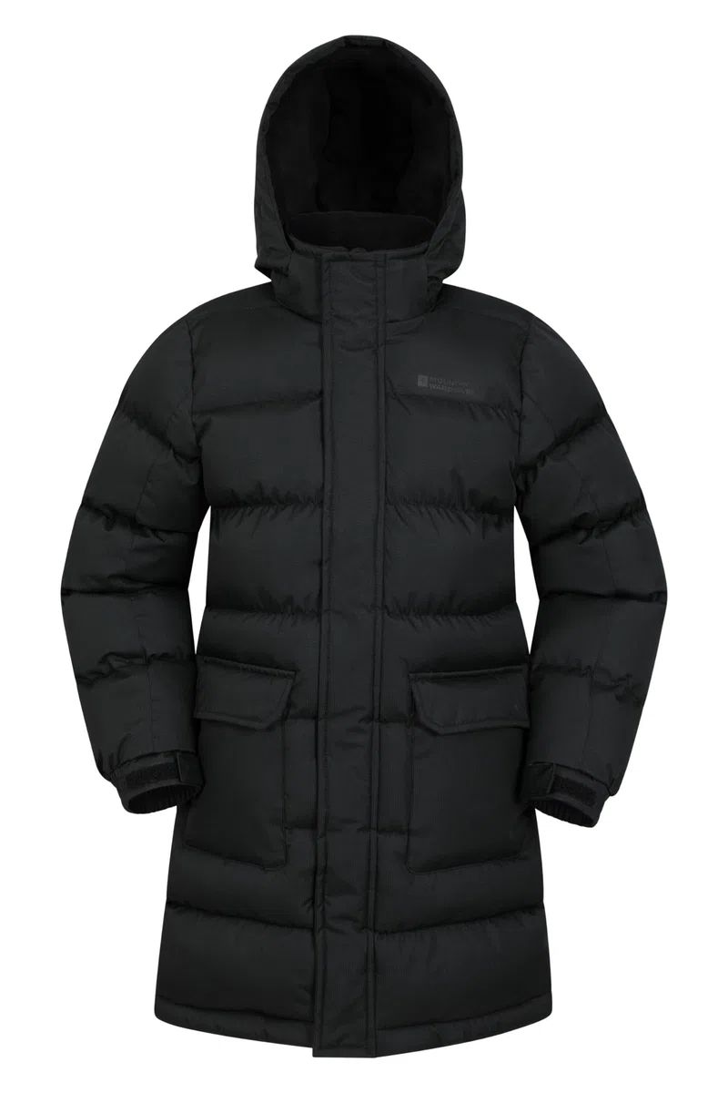 Mountain Warehouse Doudoune synthétique Longue résistante à l'eau pour Enfant - Poches zippées et Capuche Amovible - Idéal pour Le Camping de Printemps, l'extérieur