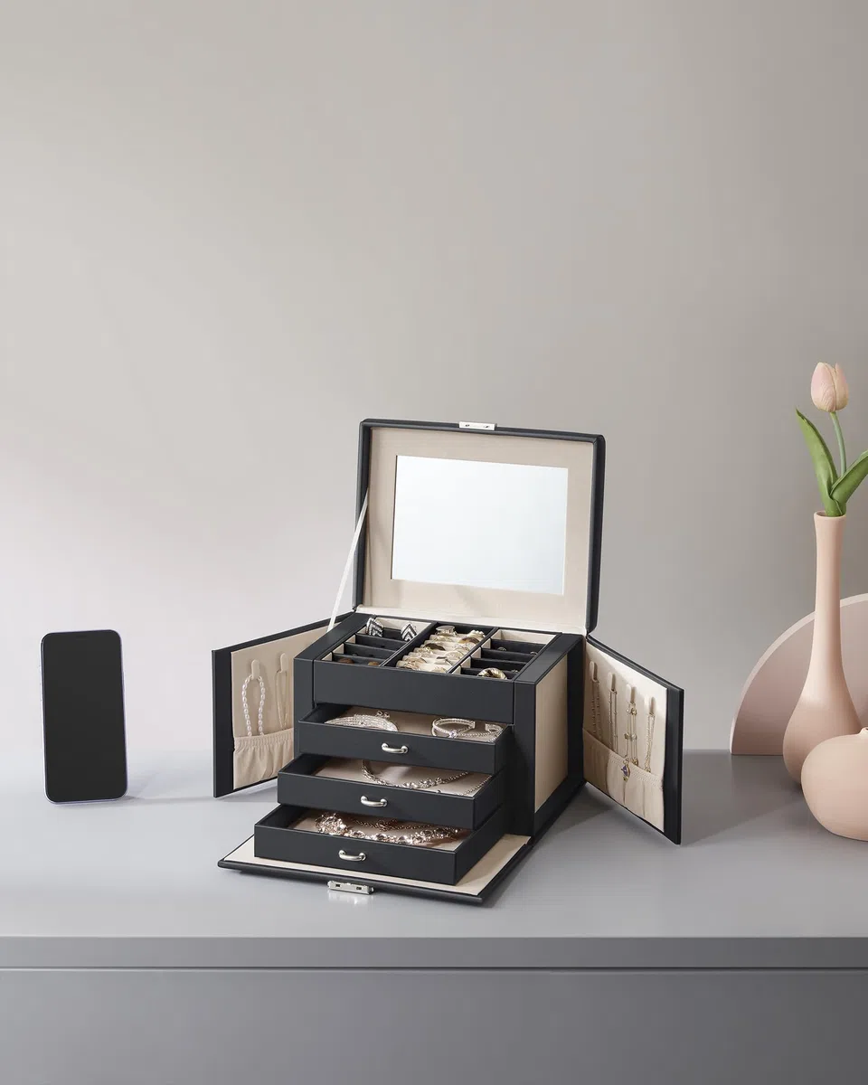 SONGMICS Boîte à Bijoux 4 Niveaux, Écrin à Accessoires avec 3 Tiroirs, Coffre de Rangement, Poignées, Miroir Intérieur, Verrouillable, Rangement pour Bijoux, pour Montres, Noir d'Encre JBC159B01