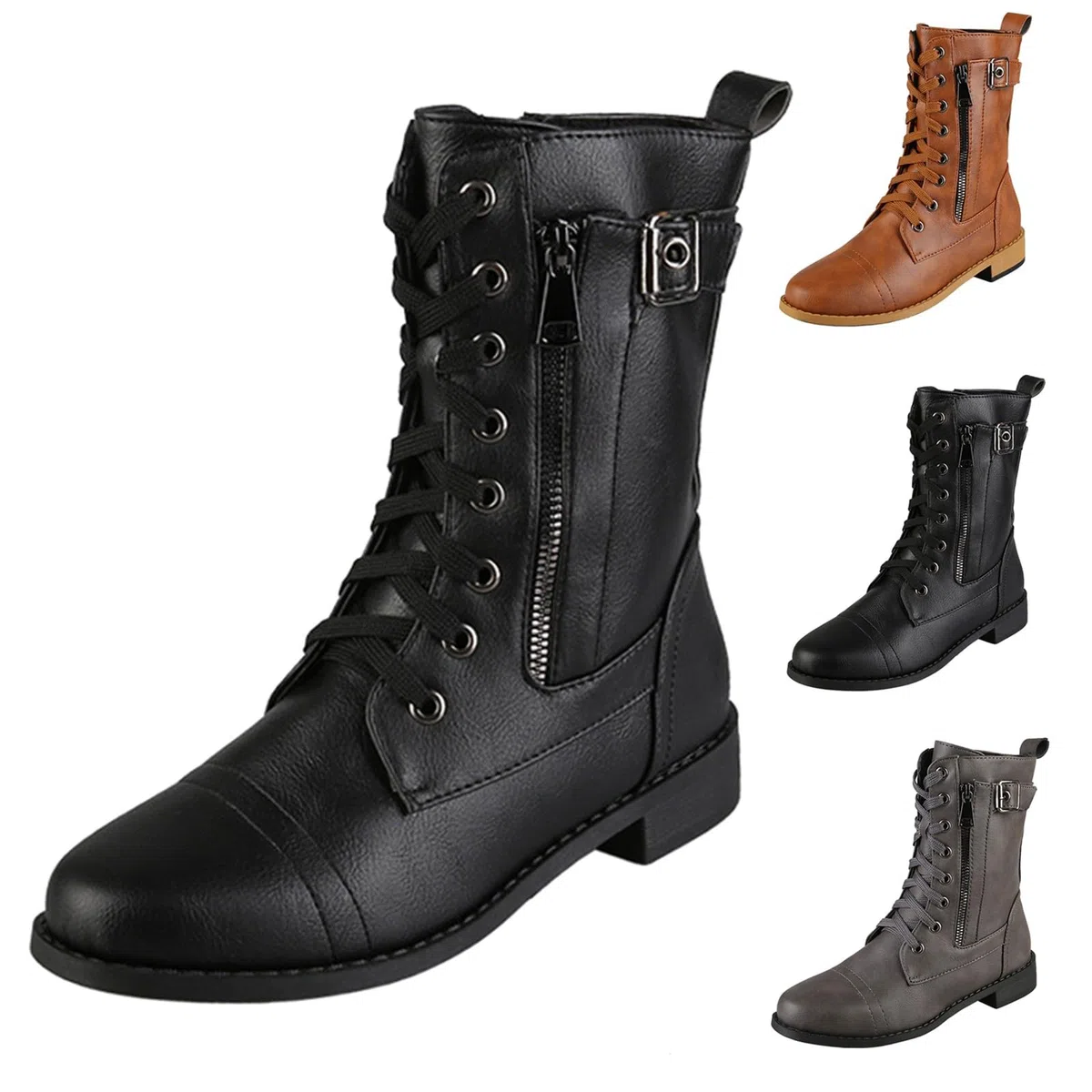 Bottes pour femme - Bottines plates à lacets avec fermeture éclair latérale - Grandes tailles - Bottes en cuir - Couleur unie - Bottes mi-hautes antidérapantes pour l'automne et l'hiver