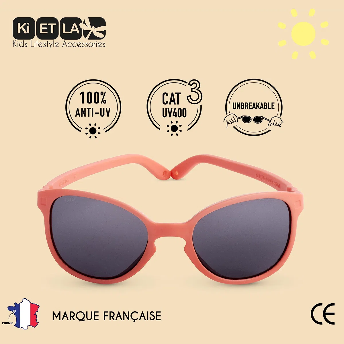 KI ET LA - WAZZ - Lunettes de Soleil Bébé 1-4 ans Norme CE - Protection UV Totale - Ultra Légères - Souples - Incassables - Filtre Lumière Bleu - Marque Française