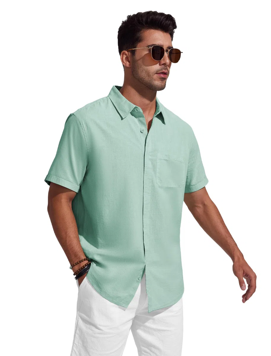 Friptspyg Chemise en Coton et Lin à Manches Courtes pour Homme avec Poche Et Boutons Cachés Idéale pour Un Usage Quotidien Casual Ou à La Plage