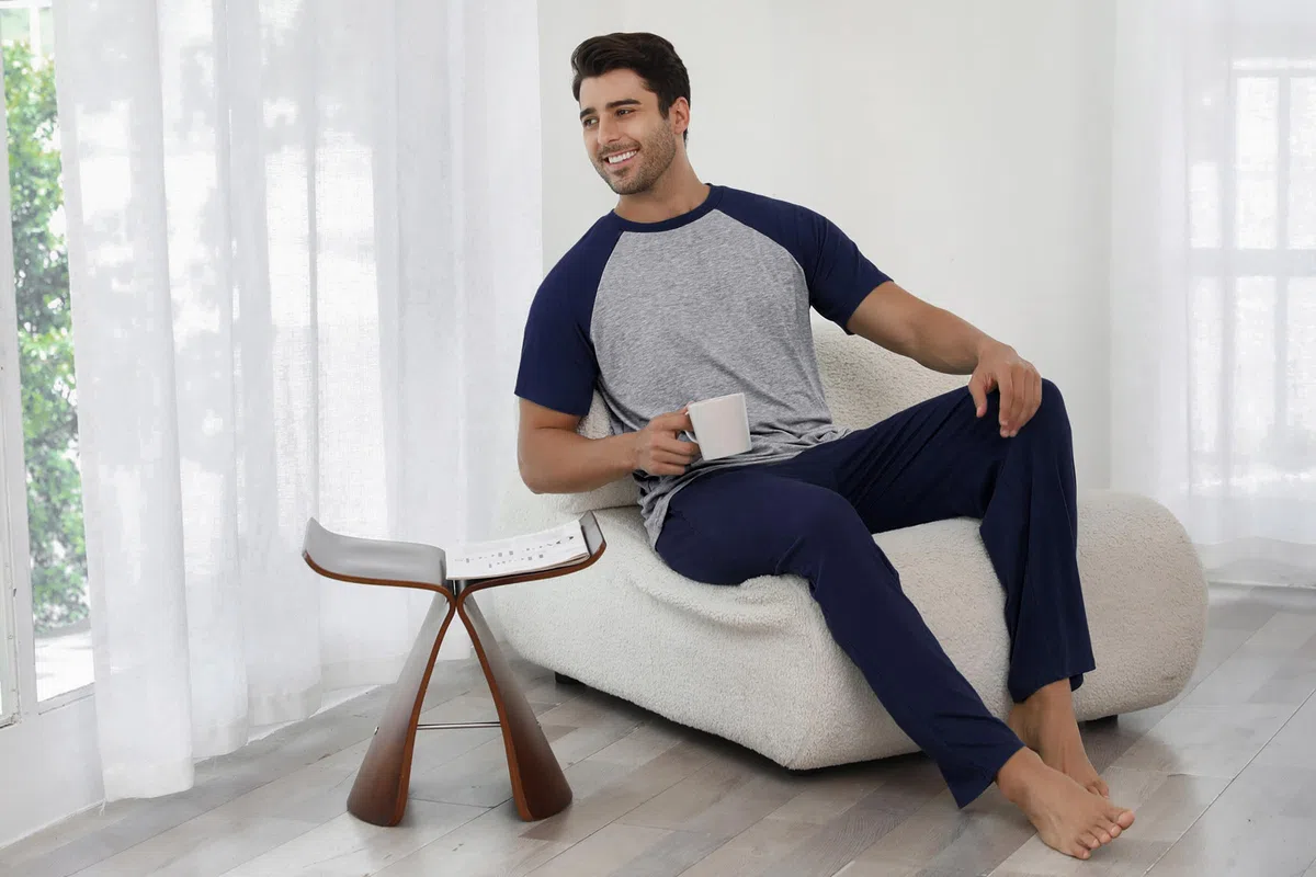 Bresdk Pyjama Homme Coton Ensembles de Pyjamas à Manches Courtes et Pantalons Vêtements de Détente Deux Pièces Confortable Doux