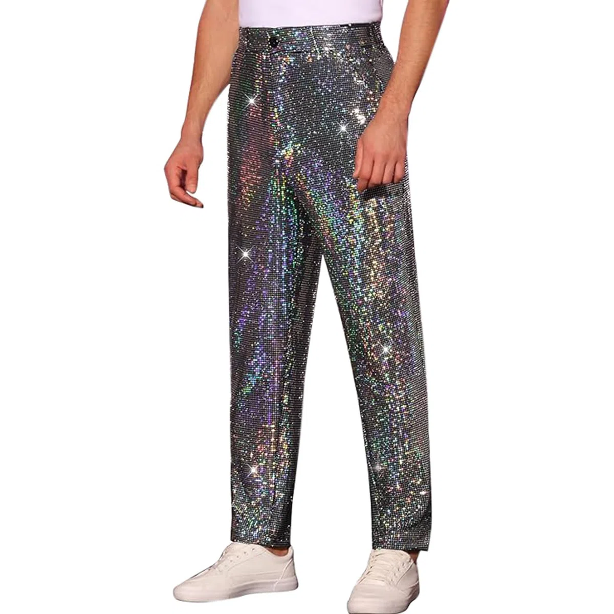 Pantalon à paillettes dorées pour homme, pantalon disco brillant pour fête avec poches, pantalon de costume accrocheur à paillettes pour festival, performance et fêtes rétro