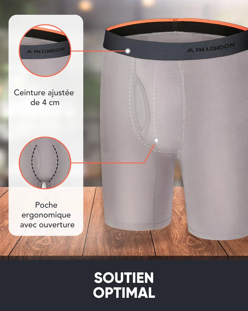 FM London Boxer en Bambou pour Homme, Boxer Long pour Homme en Bambou Ultra Doux, Antifrottements et Évacuant la Transpiration, avec Ouverture, Lot de 4