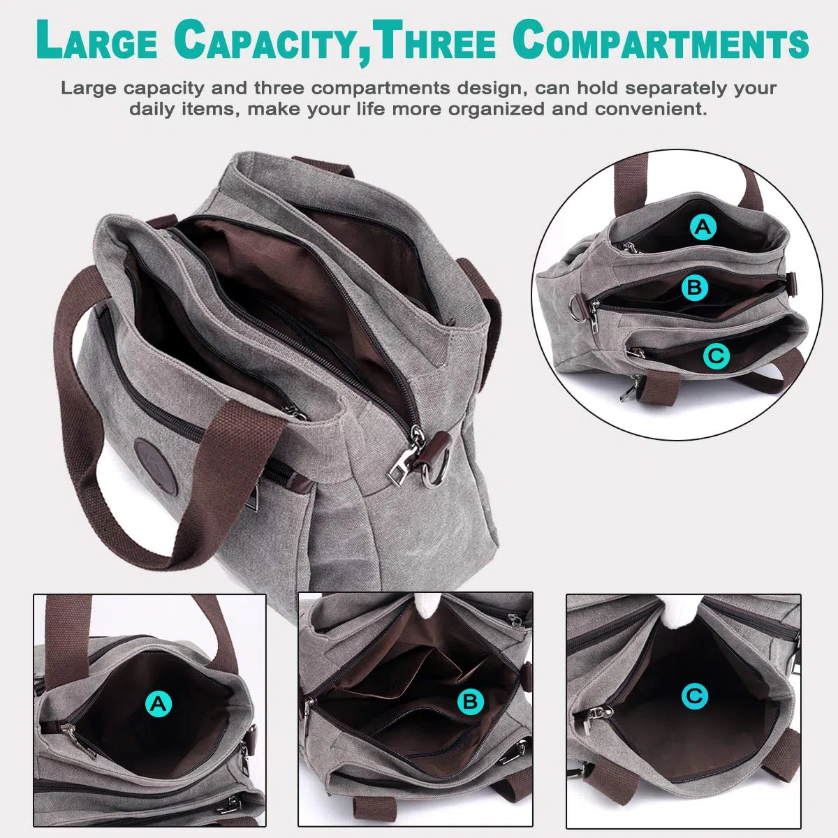 Hobo Sacs à main en toile pour femme, sac à main fourre-tout multi-compartiments, sacoche de taille moyenne