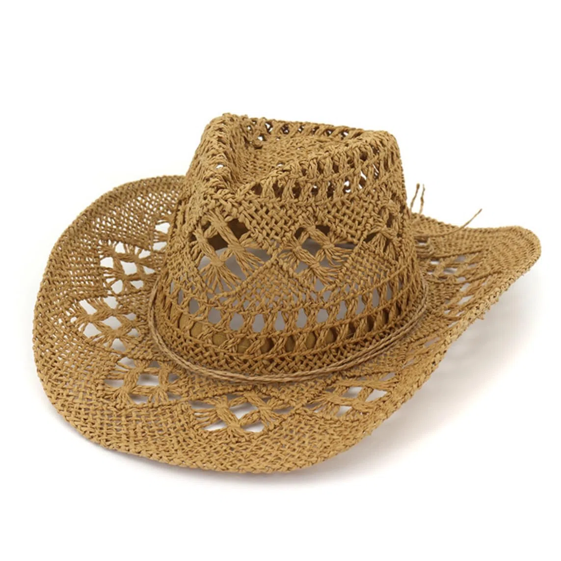 Chapeau de Cowgirl Marron, Chapeau de Cowboy en Paille Unisexe Tricoté à la Main Respirant Western Cowgirl Design Creux à Large Bord Soleil pour L'été en Plein Air Fête Plage Femmes Hommes, Tan Co