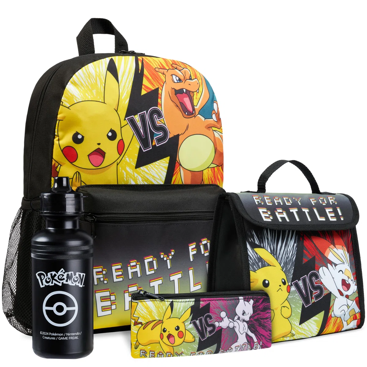 Pokémon Sacs à Dos pour Enfant Set 4 Pc Bouteille d'eau Sac a Dos Trousse Sac à Lunch Isotherme ou Portefeuille Anime Fournitures Scolaires (Noir/JauneEnsemble de 4 Pièces)