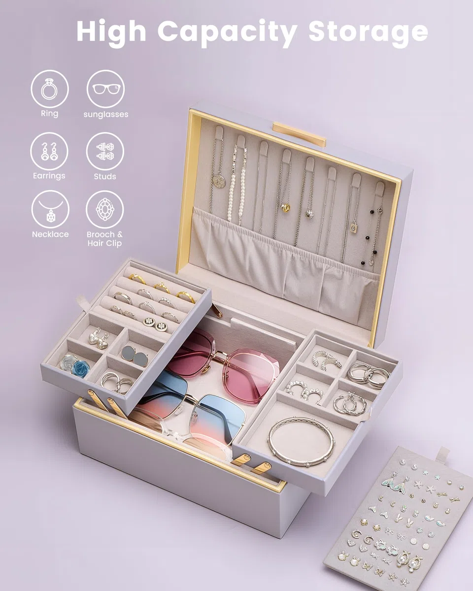 Lolalet Boîte à Bijoux, Coffret de Rangement pour Bijoux en Cuir PU, Multi-Compartiments pour Colliers, Bagues, Boucles d’oreilles, Bracelets et Lunettes de Soleil -2 Niveaux, Violet Brume