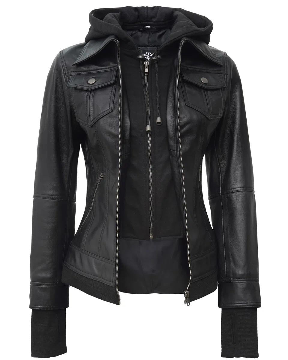 fjackets Blouson bomber à capuche en cuir d'agneau véritable pour femme avec capuche amovible