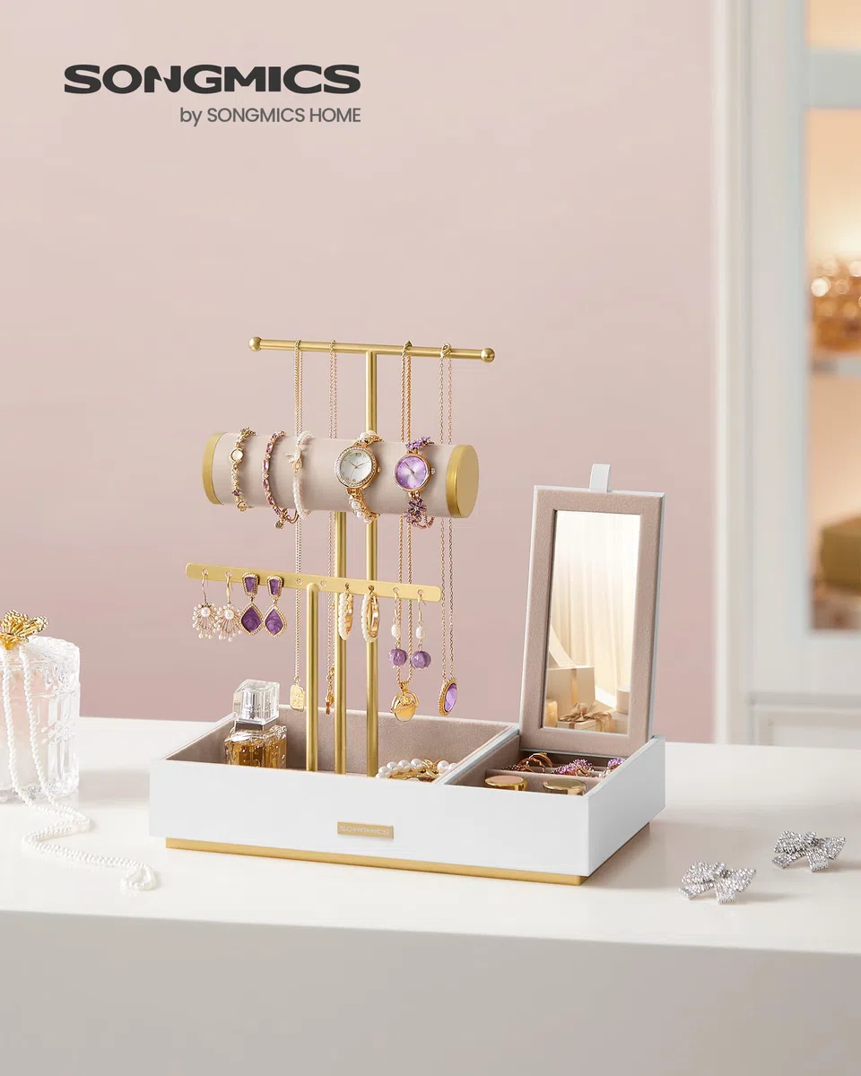 SONGMICS Porte-bijoux, Organisateur de Bijoux, Support Accessoires, en Métal et Bois, pour Colliers, Bracelets, Boucles d'oreilles, Bagues, Blanc et Doré JJS022W01