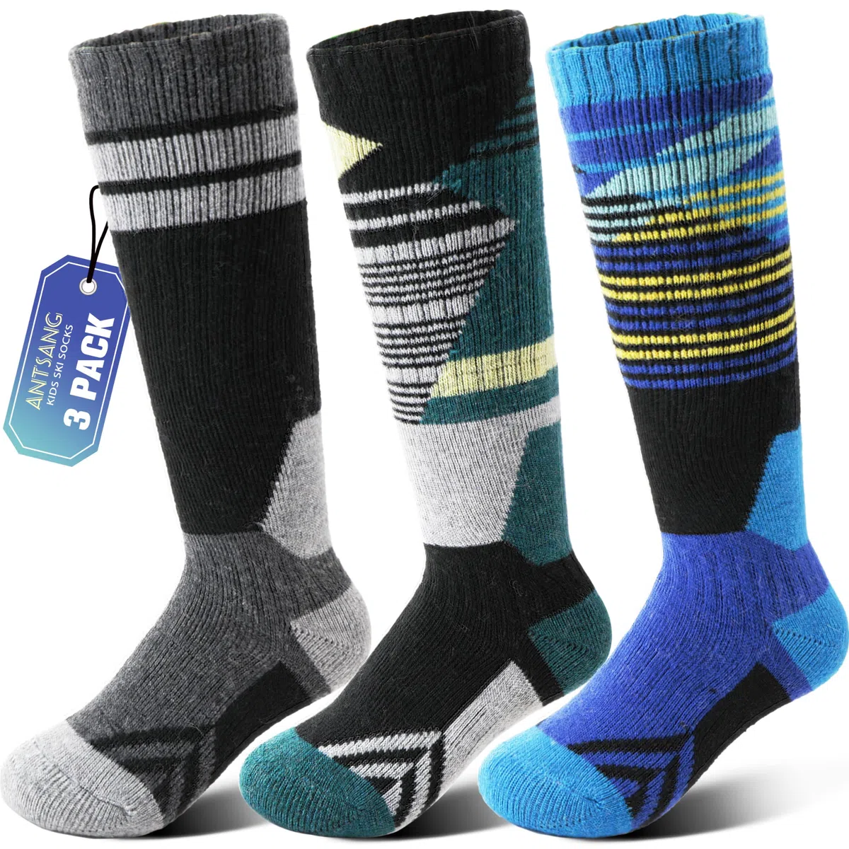 ANTSANG 3 Paires Chaussettes Ski Laine Mérinos Enfants Garçons Filles Chaudes Hiver Épaisses Rembourrées pour Snowboard Ski