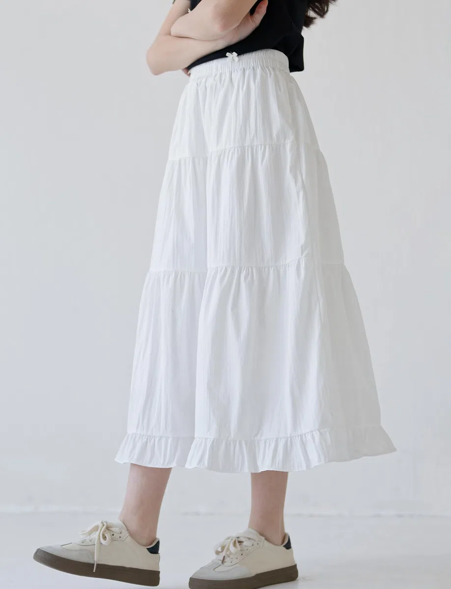SEAUR Jupe Longue Fille Taille Élastique Élégante Maxi Jupe à Volants D'été Couleur Unie Enfant 130-165=(122-164 UE)