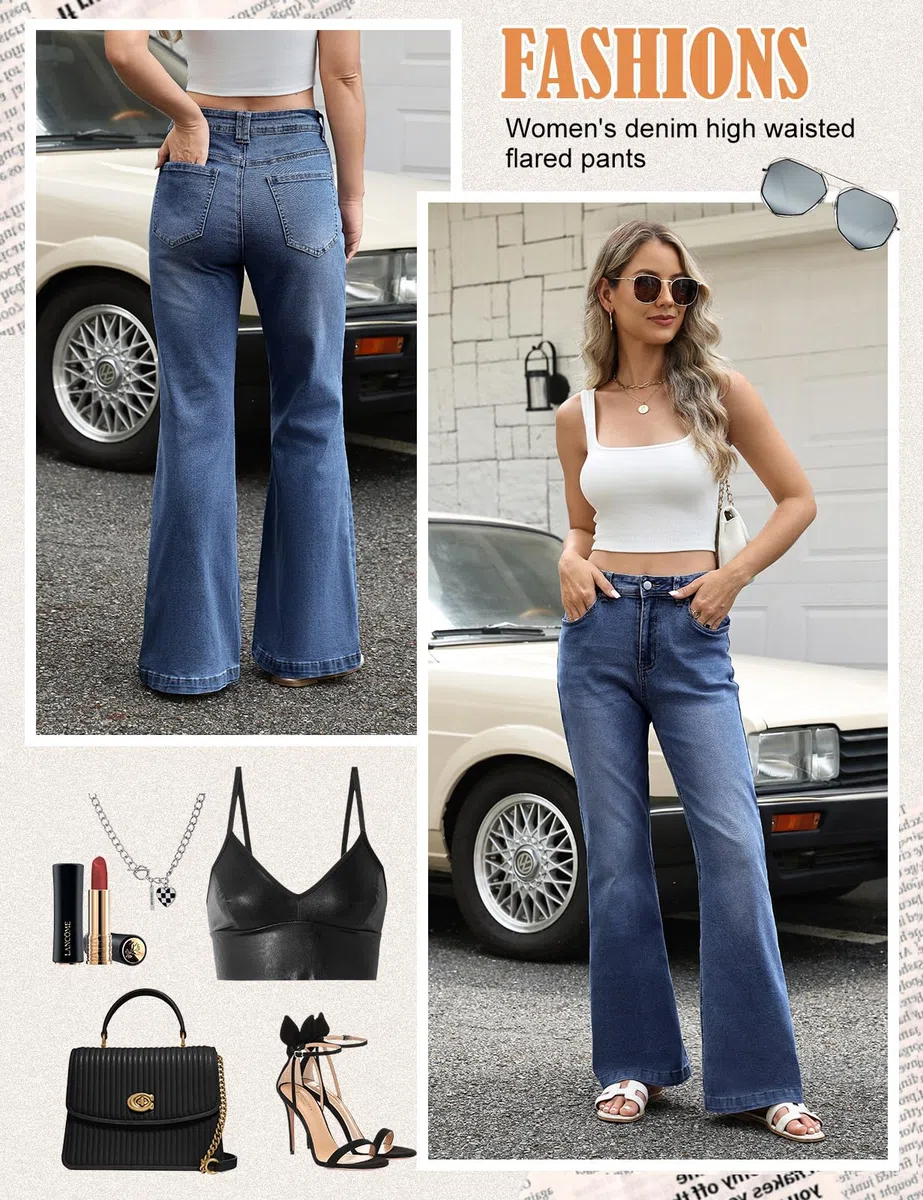 Jean Femme Taille Haute Jean Évasé Elastique Pantalon Stretch Slim Vintage Jeans Bootcut Flare Large Denim Leggings Grande Taille Extensible avec Poches