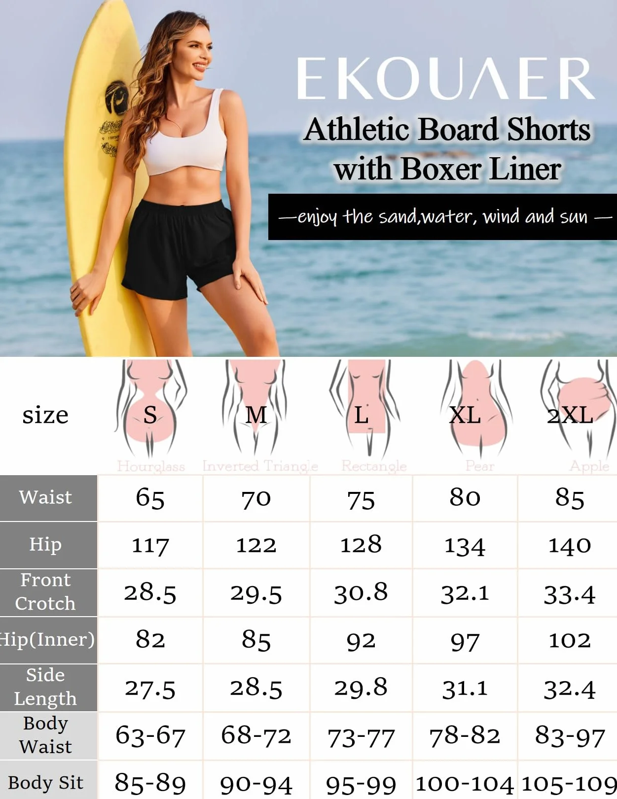 Ekouaer Short de Bain Femme Boxer Intégré Short de Sport d'été pour la Course à Pied Short de Surf à séchage Rapide avec Poches S-2XL