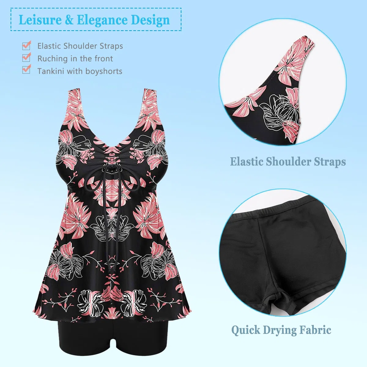 Maillot de Bain Femme 2 Pieces Tankini Imprimé Rembourré Maillot avec Short Débardeur Bikini Beachwear