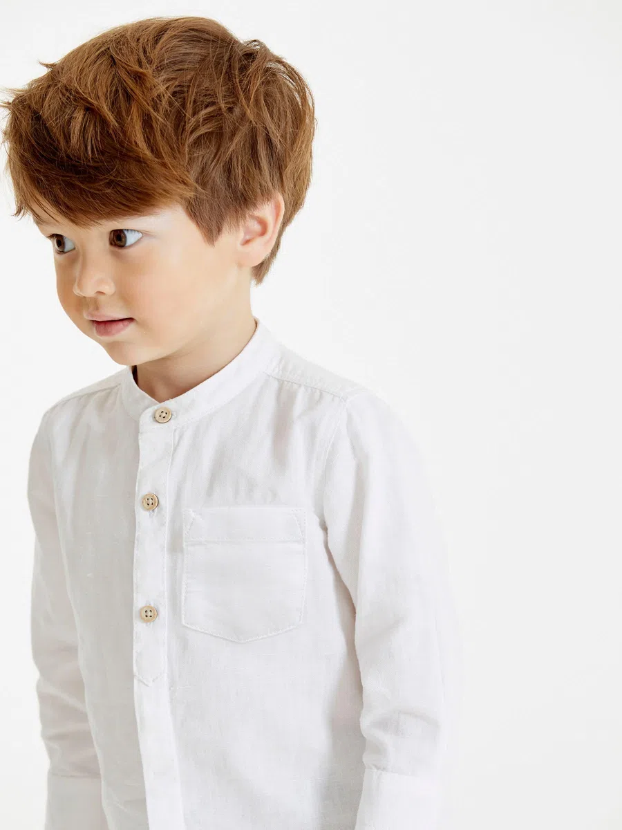 NEXT Garçon Chemise en Lin mélangé à col Tunisien Blanc 6 Ans-7 Ans