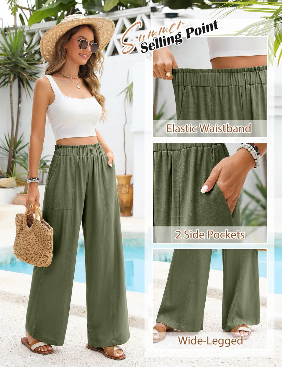 Niwicee Pantalon Fluide Femme Été Pantalon Lin Taille Haute Elastique Pantacourt Jambes Larges Ample Décontractée Palazzo Élégant Pants Solide Coupe Droite Pants avec Poches
