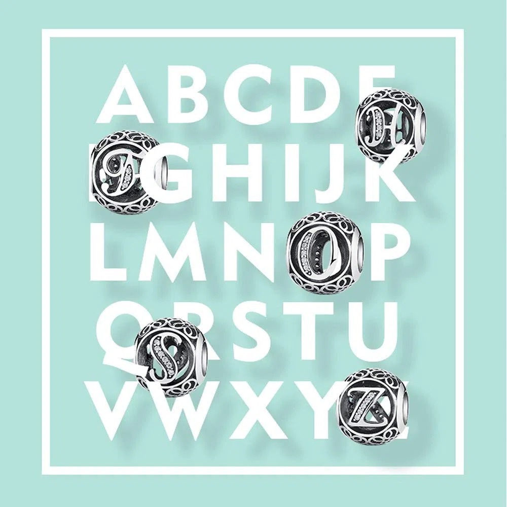 NINGAN Argent Sterling 925 Charme Lettre de l'alphabet Femmes Pearl Charms avec 5A Zircone Compatible pour Européen Bracelets