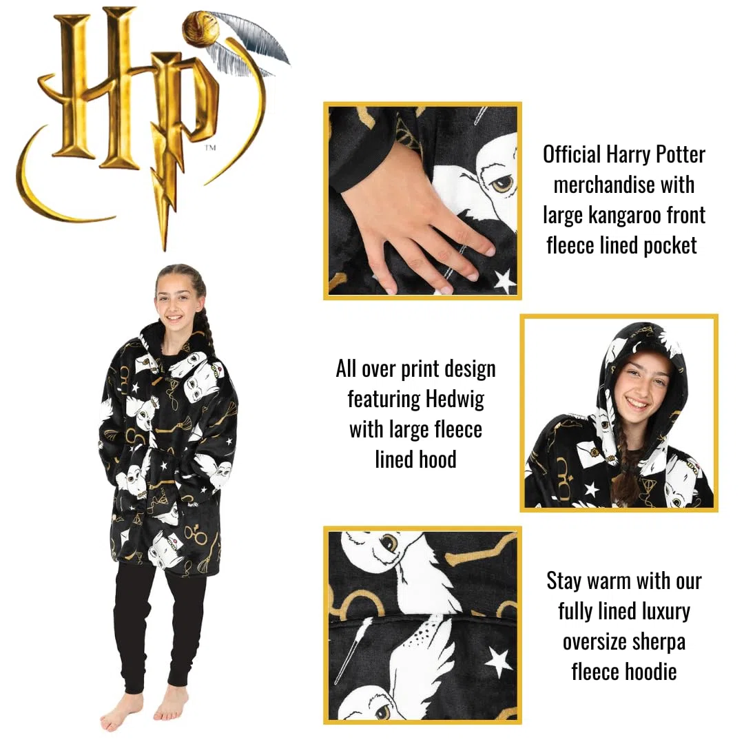 Harry Potter Hedwig Sweat à capuche noir pour fille, Couverture polaire surdimensionnée à capuche
