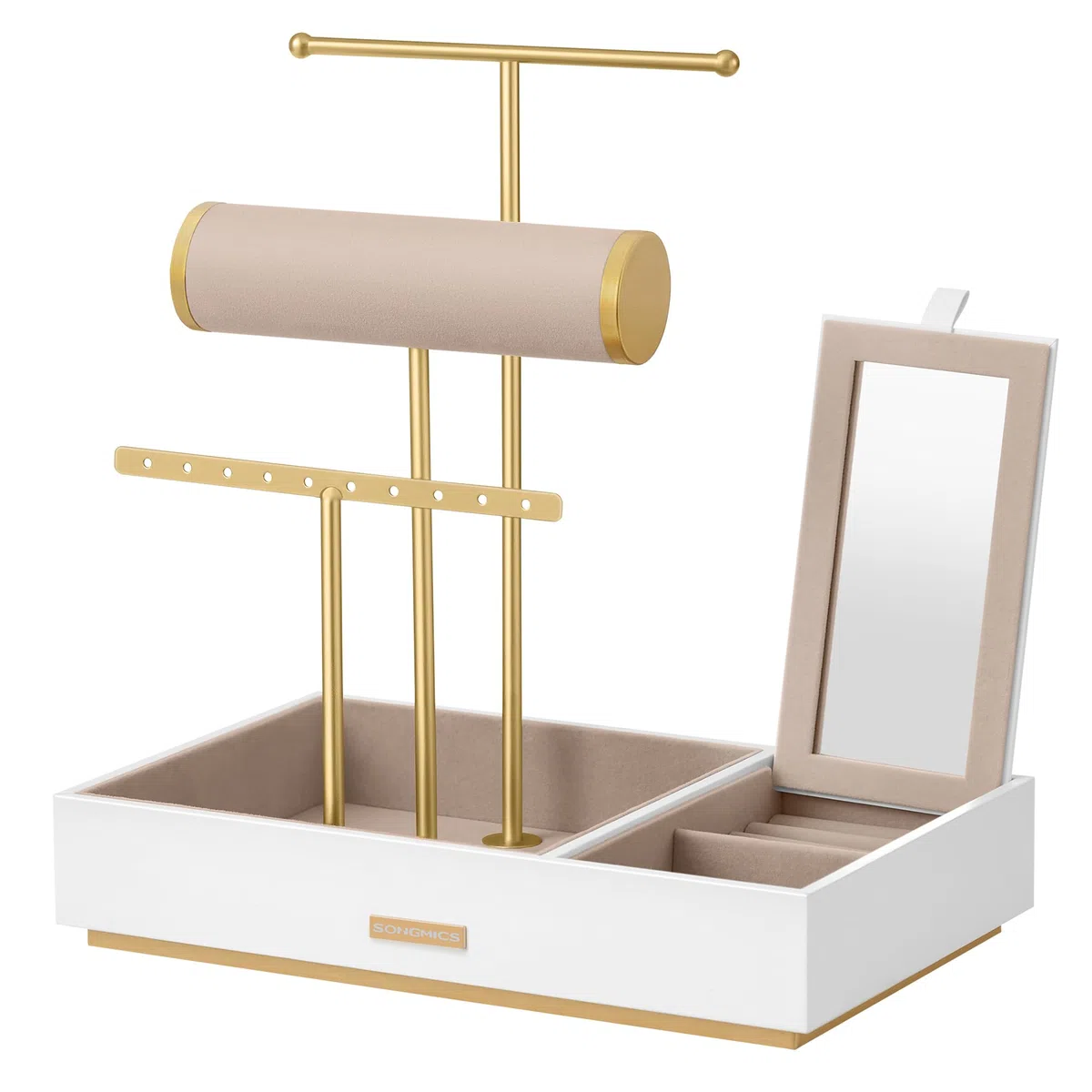 SONGMICS Porte-bijoux, Organisateur de Bijoux, Support Accessoires, en Métal et Bois, pour Colliers, Bracelets, Boucles d'oreilles, Bagues, Blanc et Doré JJS022W01