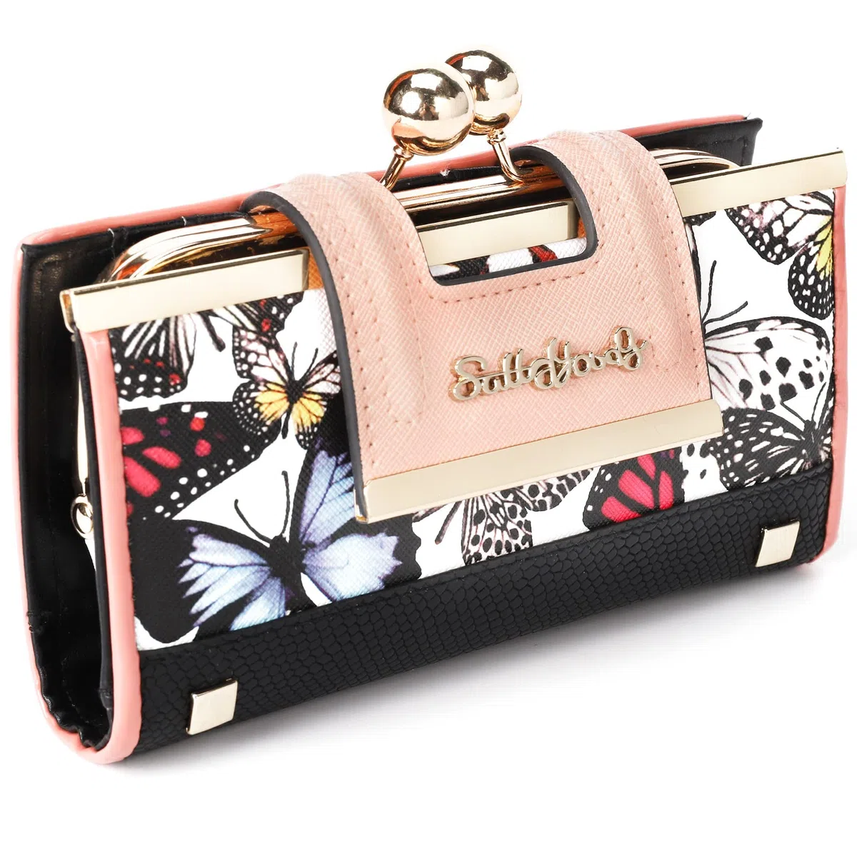 Gladdon Portefeuille Femme Élégant, 10 Emplacements Cartes avec Fenêtre Transparente, Fermoir Métallique, Poche à Pièces, Sac de Soirée, Motif Papillon sur Fond Blanc