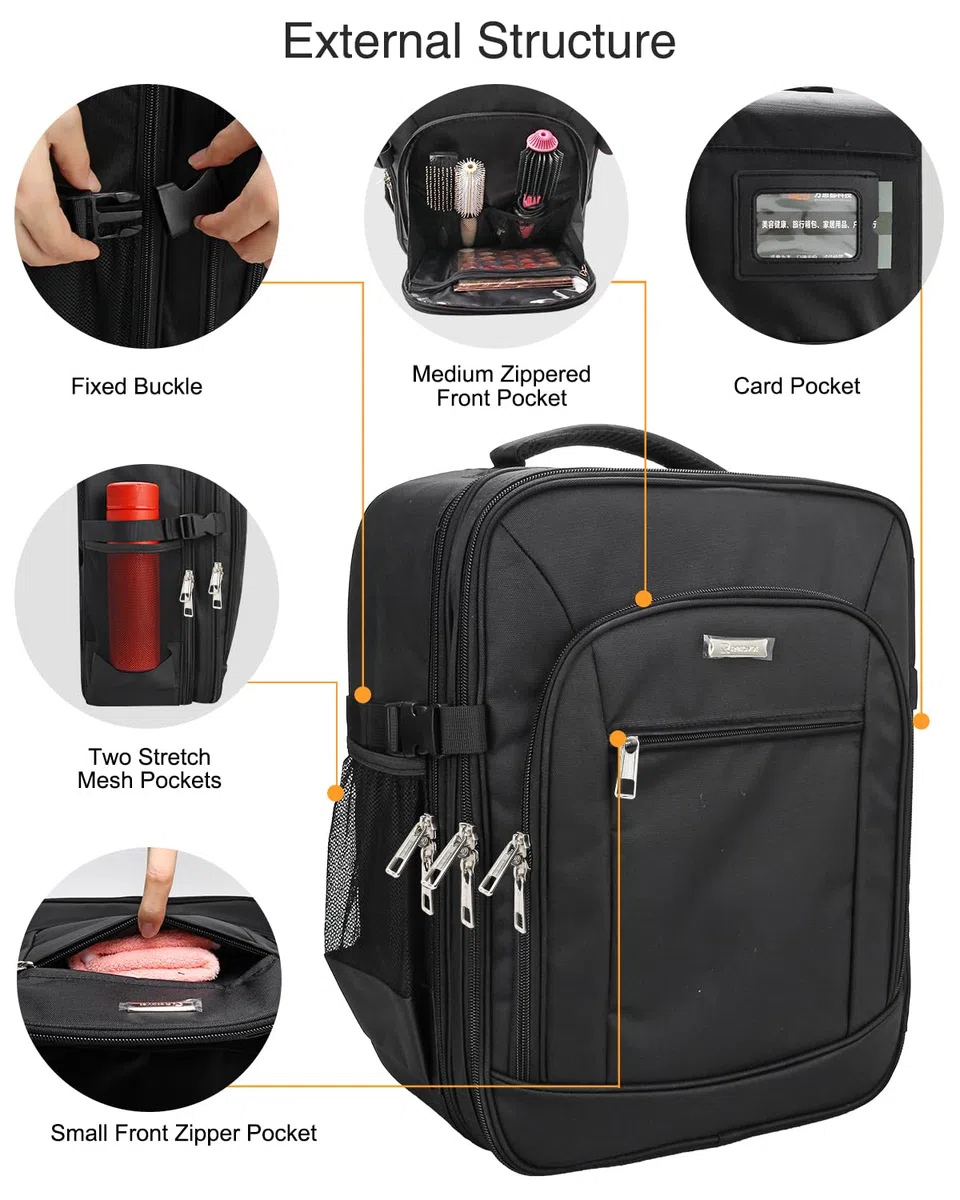 Relavel Sac à dos cosmétique professionnel extra large voyage cosmétique organisateur de rangement double couche grande capacité avec 4 compartiments intérieurs noir