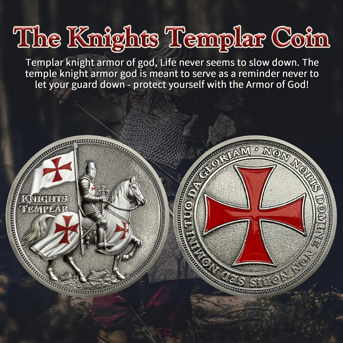 AtSKnSK Pièce de défi des Templiers Chevalier cheval Pièce religieuse Croix-Rouge Guerrier Jeton Médaillon chrétien du Christ Croix-Rouge Cadeaux commémoratifs pour hommes et femmes