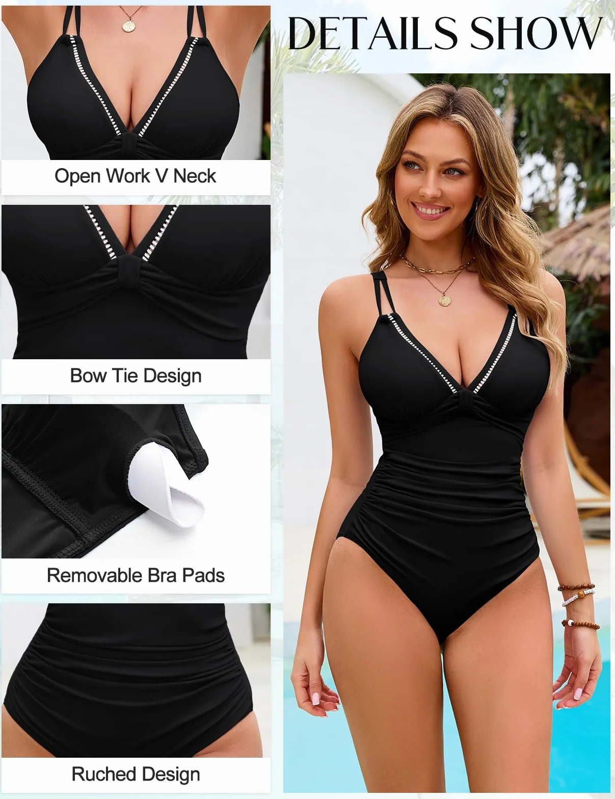 Nadeer Maillot de Bain Femme 1 Pieces Gainant Sexy Col en V Double Bandoulière Amincissant Bloc de Couleur Maillots Une Pièce de Plage et Piscine