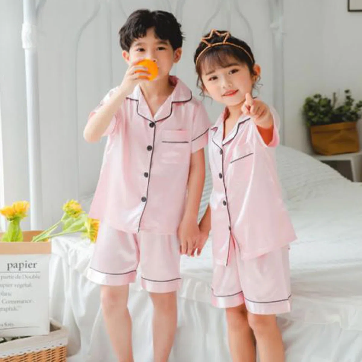 Risipu Pyjama en soie unisexe à manches courtes pour fille Couleur unie