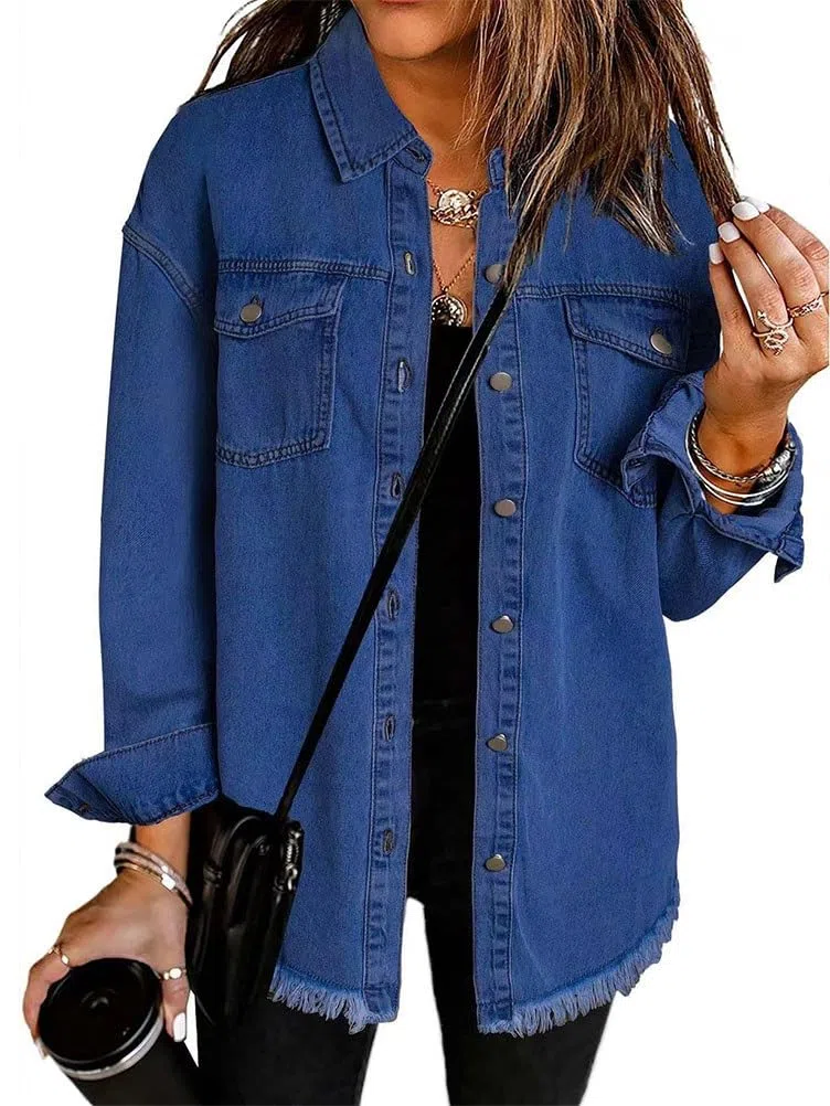 Veste en Jean Femme Longue Oversized Déchiré Denim Jacket Vintage Boyfriend Blouson
