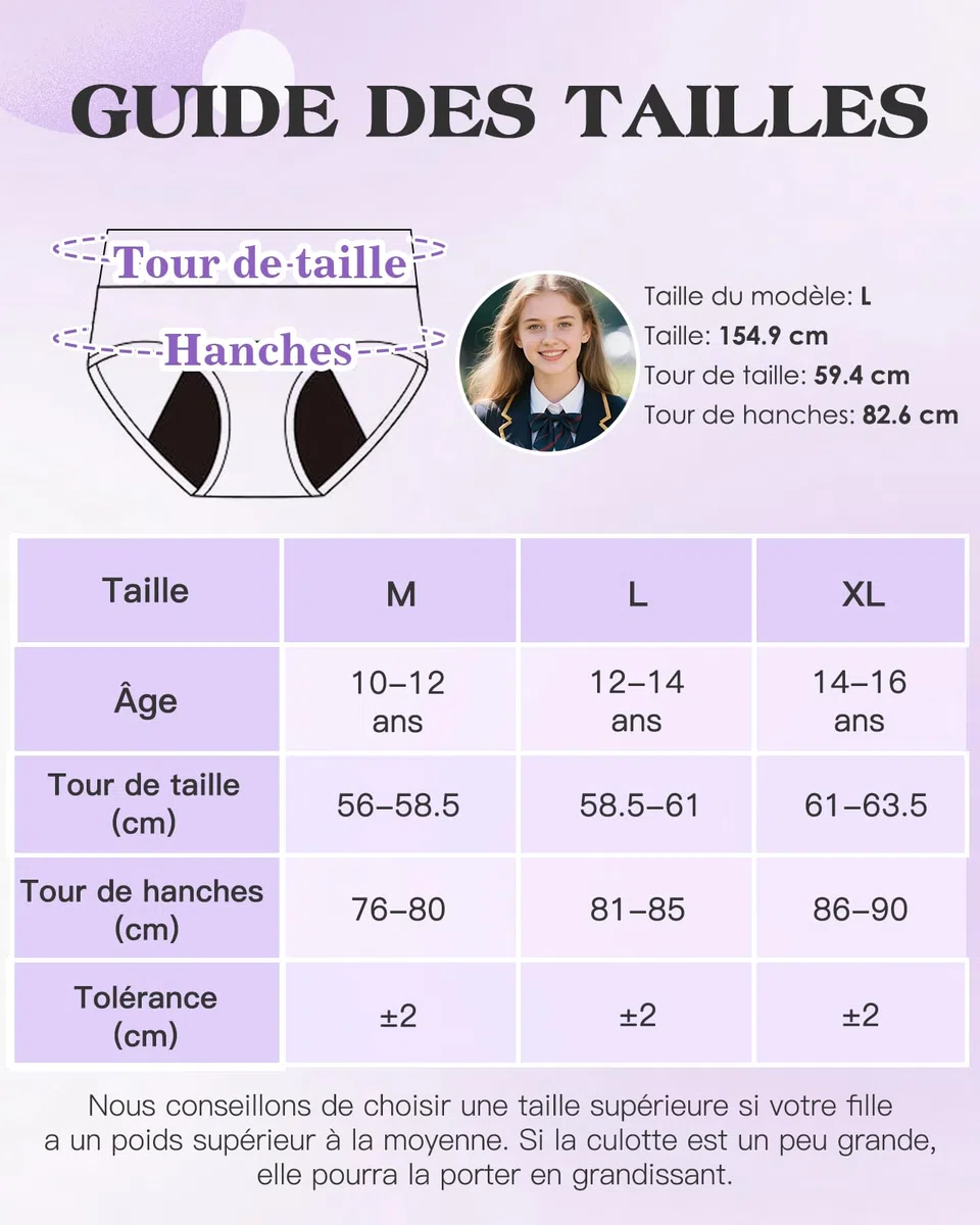 Culotte Menstruelle Adolescente Idéales pour Flux Tres Abondant Culotte Fille en Fibre de Bambou Réutilisable Lavable en Machine avec jusqu'à 12h de Protection Anti-Fuite