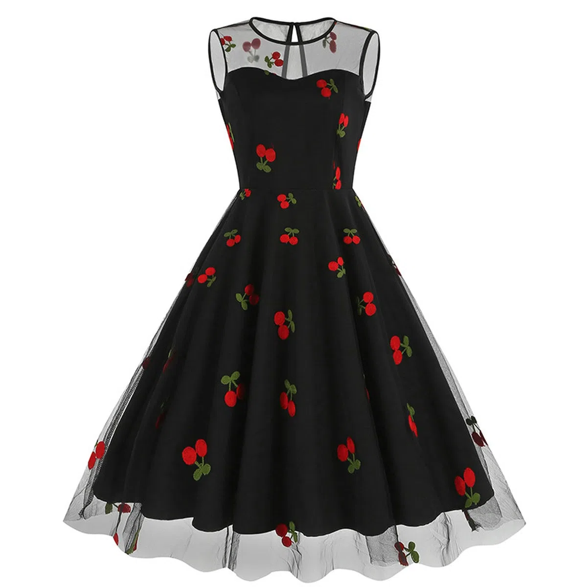 Robe rétro européenne et américaine à col Rond sans Manches pour la Saint-Valentin en Maille brodée de Cerises-Noir Cerise-M