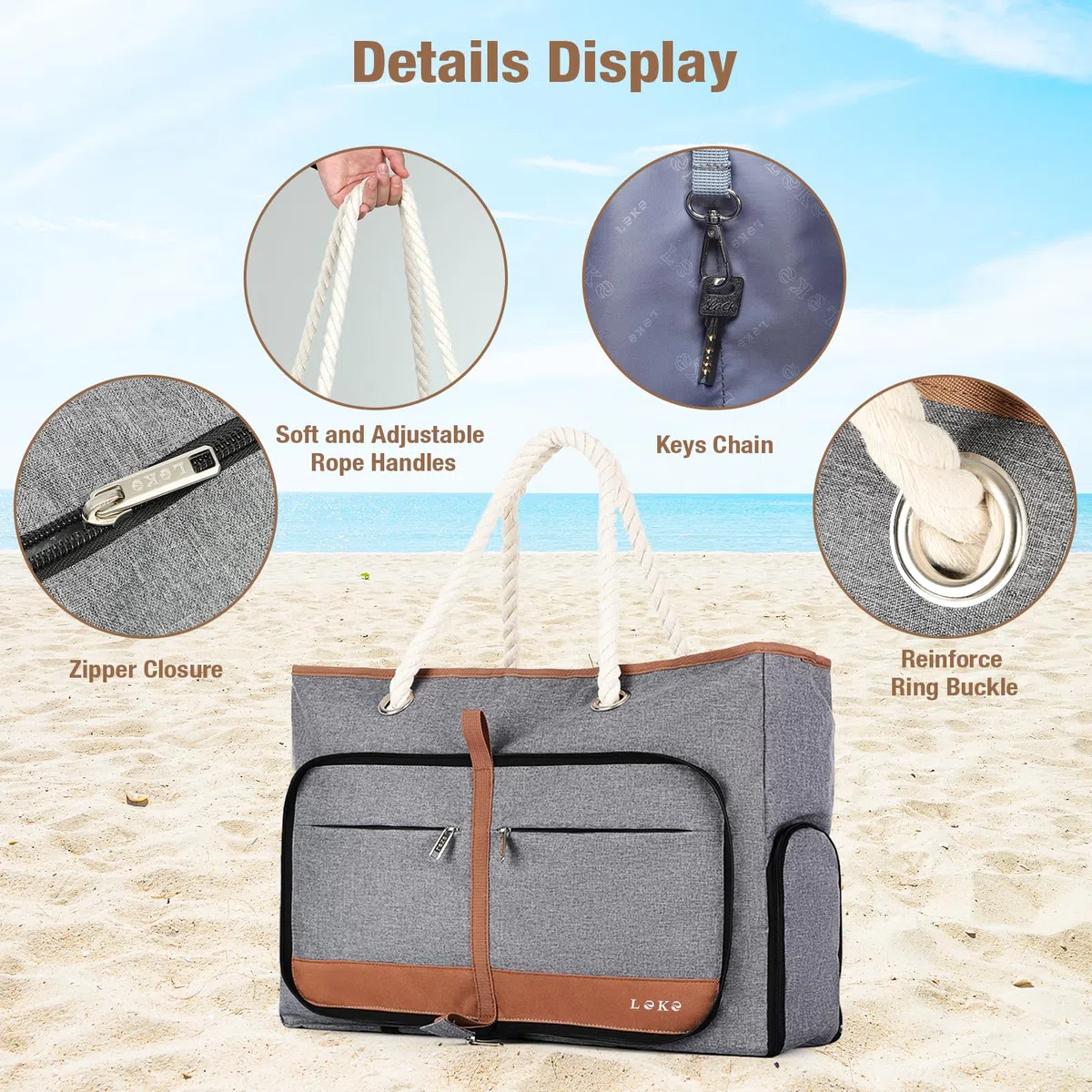 XXL Grand Sac de Plage Femme avec Compartiment Chaussures Séparé, 35 Litres - Cabas Plage Pliable Imperméable, Idéal pour la Plage, les Voyages et un Usage Quotidien - Gris