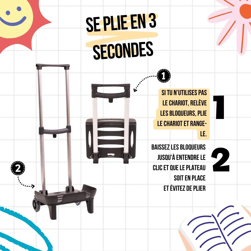 Devesa Chariot pour Sacs à Dos Scolaires – Léger, Pliable et Résistant, avec Base Protectrice et Grand Plateau, Roues Silencieuses et Design Ergonomique pour Éviter Le Mal de Dos - D203