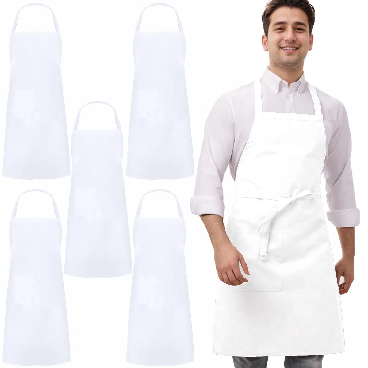 5 Pièces Noir Blanc Tabliers, Chef Tabliers pour Hommes et Femmes, Professionnel Cuisine Serveur Tabliers (1 Poche)