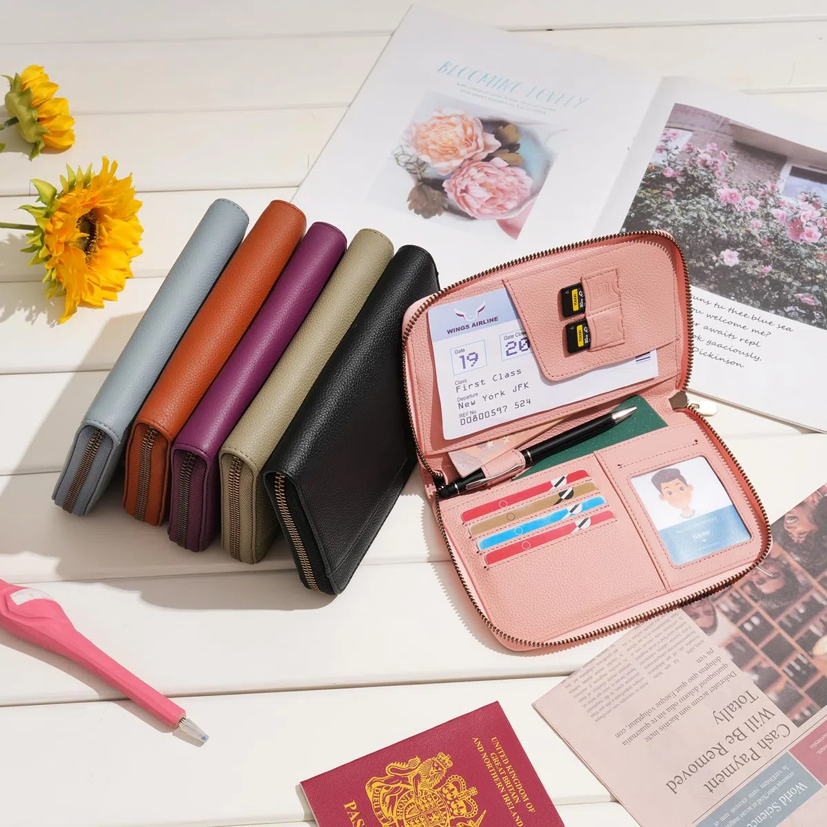 WASON Portefeuille Passeport de Voyage en Cuir avec Fermeture Éclair Protection RFID, Étui Passeport avec Compartiments pour Cartes, Argent, Pièce d'Identité, Carte d'Embarquement et Billets (Rose)