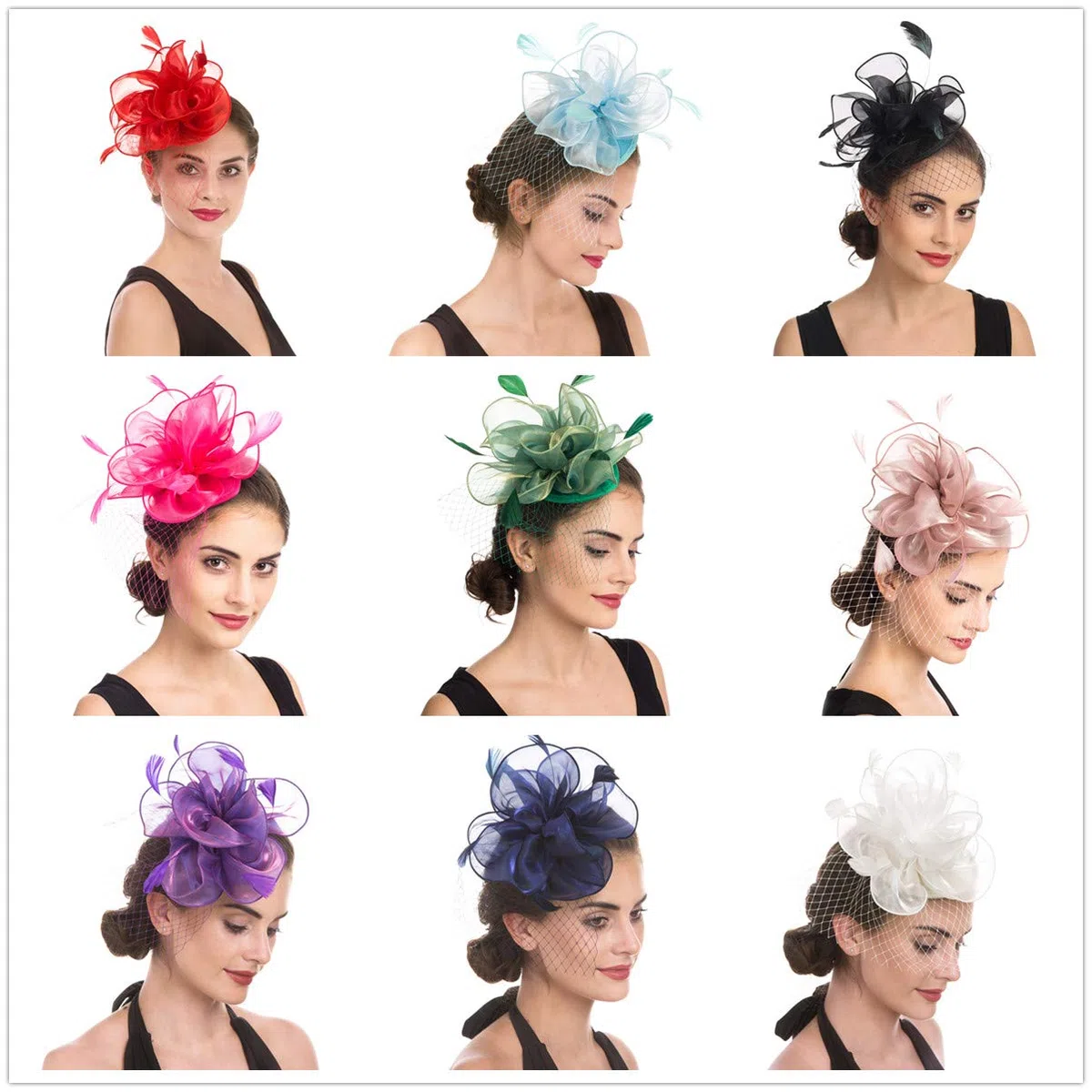 Haojing Fascinators Wedding Chapeau Cocktail Tea Party Royal Ascot Chapeaux Flower Mesh Rubans Plumes sur Un Bandeau et Un Clip de Pelle pour Les Filles et Les Femmes
