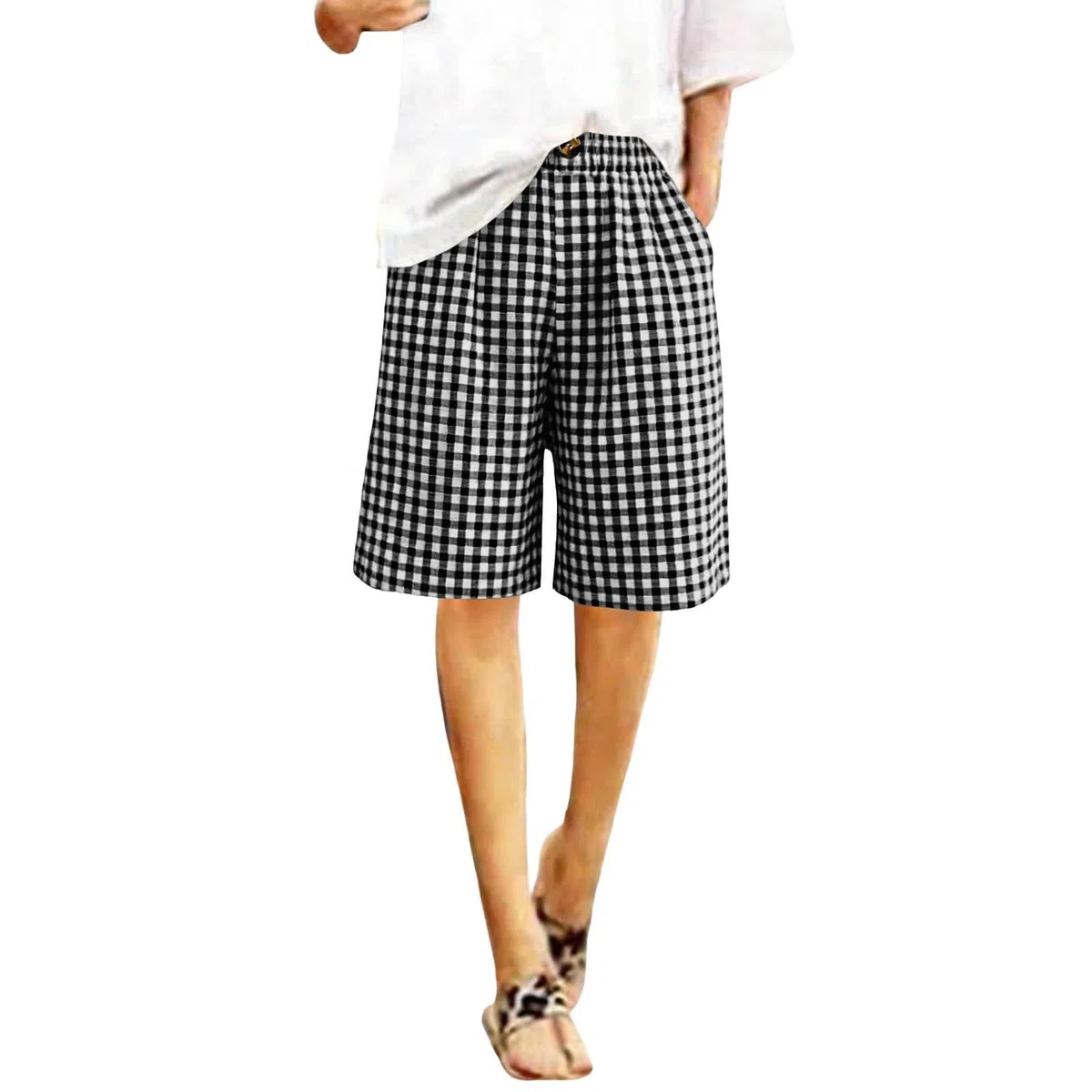 Short Long Vichy pour Femme avec Cordon De Serrage Taille élastique Short Large avec Poches Uni Coupe Ample Longueur Genou Bermuda D'été Décontracté pour Femme Coton