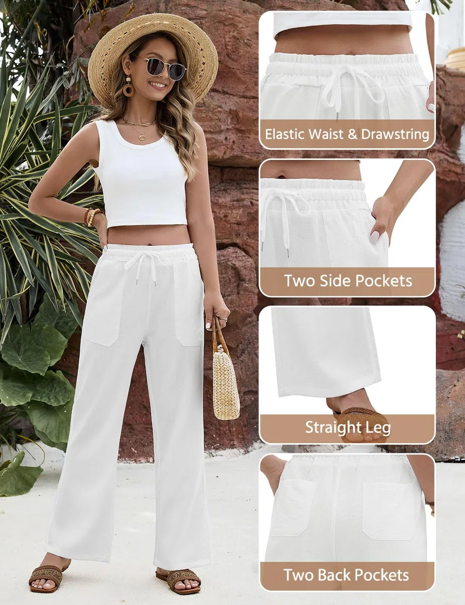 Pantalon Femme Été Fluide Pantalons Taille Haute Elastique Pantalons Décontractés Ample Droites Longueur Palazzo Pants Léger Chic et Elegant avec Cordon Poches