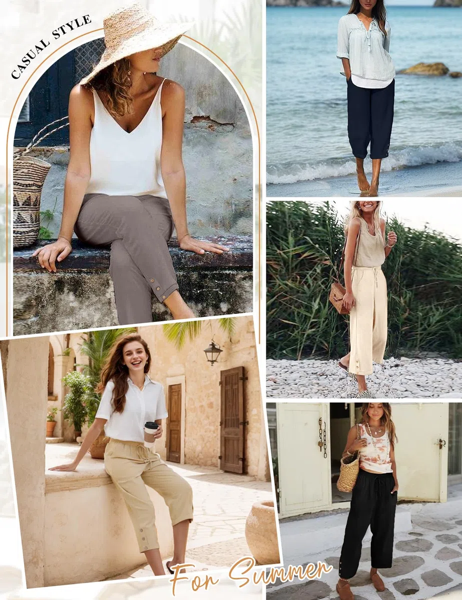 Voqeen Pantalon Femme Été Léger 3/4 Pantacourt Fluide Elastique avec Poches Coton Vêtement Chic Elegant Décontractée Pants de Plage